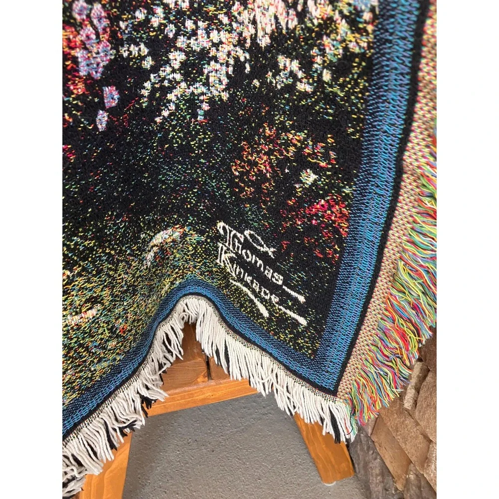 Vintage Thomas Kinkade Painter of Light Woven Tapestry Throw Blanket Cottage